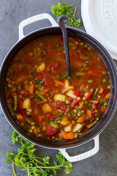 a pot filled with vegetable soup and garnished with parsley on the side