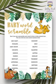 the baby word scramble game is shown with jungle animals on it and leaves in the background