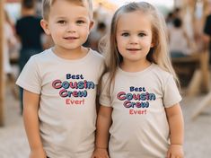 Celebrate the bond of cousins with our Best Cousin Crew Kids Shirt! 👫💖 Perfect for family gatherings or everyday wear, this shirt is available in both baby bodysuit and boys/girls t-shirt styles. Show your cousin some love with this thoughtful cousin gift, featuring a trendy and stylish design. Complete the Cousin Crew look with our matching family t-shirts, creating a fun and unified family ensemble. Let your little ones rock this adorable shirt, showcasing their love and connection as part of the Best Cousin Crew!  Handmade 100% cotton items How to order: Please select size & style from the drop down menu, select quantity If there is personalization box available(for certain listings) Add your personalization Add to cart If you are ordering multiple shirts with different size & style A Cute Crew Neck Top For Family Events, Cute Tops For Family Events, Matching Family T Shirts, Best Cousin, Family T Shirts, T Shirt Styles, Cousin Gifts, Cousin Crew, Family Tees