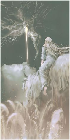 a woman riding on the back of a white horse under a sky filled with clouds