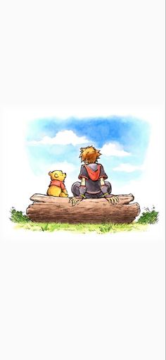 winnie the pooh and tigger sitting on a log in front of a blue sky