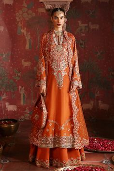 Luxury Orange Pakistani Wedding Dress Kameez Sharara is a traditional masterpiece that will give you a chic look on the big day emblazoned with embroidery. Mehndi Dress, Embroidered Neckline, Desi Fashion, Silk Dyeing, Pakistani Wedding, Fabric Stores Online, Embellished Dress