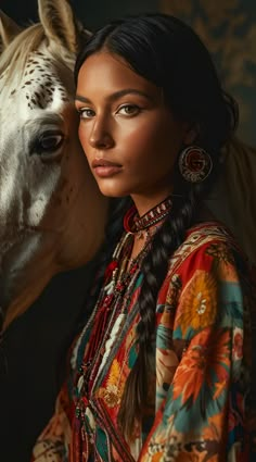 a woman with long hair standing next to a horse