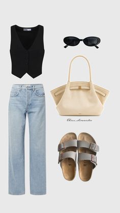 a pair of jeans, black top and white bag