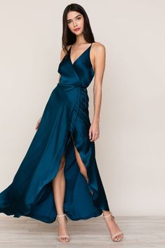 Party Dress With Surplice Neckline And Wrap-around Straps, Party Dress With Wrap-around Straps And Surplice Neckline, Party Wrap Dress With V-neck And Wrap-around Straps, Party V-neck Wrap Dress With Wrap-around Straps, V-neck Wrap Dress With Wrap-around Straps For Party, Pre-draped V-neck Gown For Gala, Chic V-neck Bridesmaid Wrap Dress, V-neck Bridesmaid Wrap Dress, Pre-draped V-neck Wrap Dress For Evening