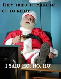 a santa clause sitting in front of a computer with his mouth open and the caption says, they tried to make me go to rehab