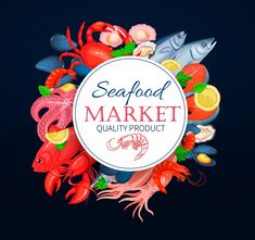 seafood market logo with lobster, crab, shrimp, lemons and mussels