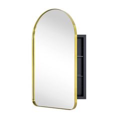 an oval mirror mounted to the side of a wall with a gold frame and black shelves