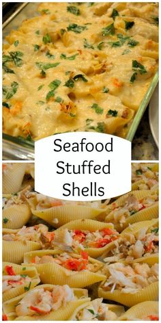 seafood stuffed shells in a casserole dish with text overlay that reads seafood stuffed shells