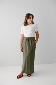 'Winslet' Waist Tie Maxi Skirt in Deep Olive Relaxed Maxi Skirt With Pockets For Daywear, Relaxed Fit Solid Maxi Skirt With Pockets, Linen Maxi Skirt With Pockets For Work, Solid Maxi Skirt With Pockets In Relaxed Fit, Solid Maxi Skirt With Pockets And Relaxed Fit, Casual Maxi Skirt For Workwear, Full Length Skirts, Simple Top, Adjustable Waistband