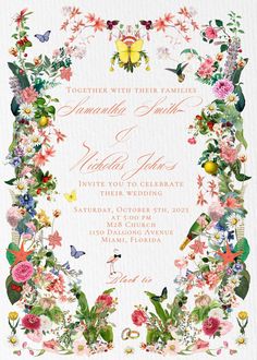 a wedding card with flowers and butterflies on it