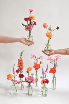 several vases filled with flowers being held by two hands