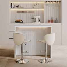 two white stools in front of a bar