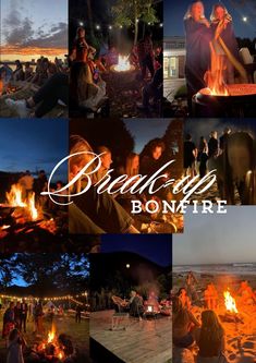 people sitting around a fire with the words beachy bonfire