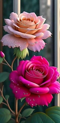 two pink roses with water droplets on them