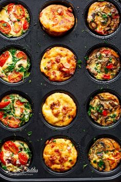 muffin tins filled with different types of food