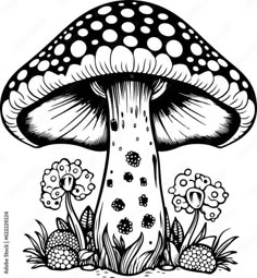 a black and white drawing of a mushroom with lots of dots on it's cap