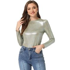 The metallic fabric adds multi-shine to this comfy and casual puff-sleeve top. Patterned in metallic, this round-neck shirt is suitable for a night out, club, and parties. Wear it with wide-leg trousers or style it with leather leggings and heels for the evening. It's designed with a round neck and puff sleeves and it has textured fabric that sets it apart from a more simplistic style. Leggings And Heels, Sparkly Party, Halloween Long Sleeve, Round Neck Shirt, Metallic Fabric, Casual Design, Disco Party, Long Puff Sleeves, Party Tops