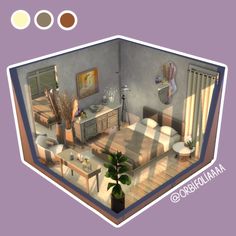 an image of a living room in the middle of three different rooms, with furniture and decor