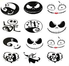 various halloween faces drawn in black and white