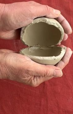 a person holding an egg shell in their hands on a red cloth surface with one hand open and the other half closed