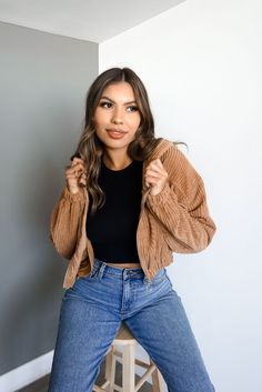 A corduroy jacket featuring a zipper, pockets, a hood, long sleeves and elastic hem on the bottom. Cropped Courdory Jacket Outfit, Cropped Corduroy Jacket Outfit, Cropped Jacket Outfit, Brown Corduroy Jacket, Jacket Outfit Women, Half Jacket, Amazing Clothes, Khaki Jacket, Fashion Forever