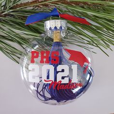 a glass ornament hanging from a christmas tree with a red, white and blue ribbon