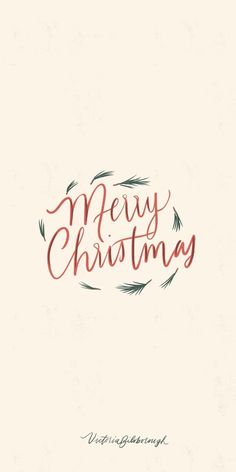 the words merry christmas written in red and green ink on a white background with leaves