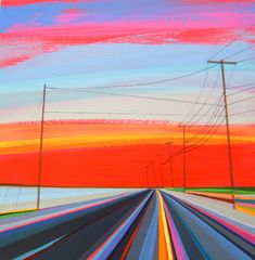 an oil painting of a colorful sunset with power lines and telephone poles in the foreground