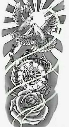 an old school tattoo design with a clock and bird on it's arm, surrounded by roses