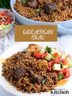 A plate of pilau with vegetables Rice And Meat Aesthetic, Beef Pilau Rice Recipe Kenya, Pilau Rice Recipe Tanzania, Pilau Rice Recipe Kenya, How To Cook Pilau, Kenyan Meals, Beef Pilau Recipe, Beef Rice Recipes, Pilau Rice Recipe