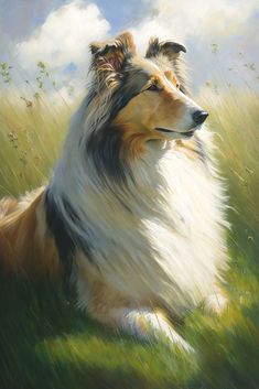 a painting of a collie dog sitting in the grass looking off into the distance