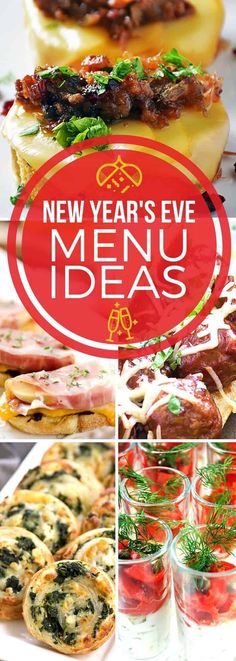 new year's eve menu ideas with different types of food and drinks on the table