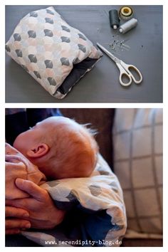 there are two pictures with scissors and a baby in the middle one is being held by someone's hands