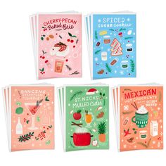 four greeting cards with mexican food and drinks on them, all decorated in different colors