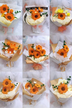 many different pictures of orange flowers and white paper wrappers on top of each other