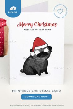 a christmas card with a black dog wearing a santa hat on it's head