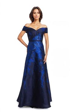 Off the Shoulder Brocade A-line Gown Blue Off-shoulder Gown With Fitted Bodice, Luxury Blue Gown With Floral Applique, Blue Floor-length Gown With Intricate Embroidery, Brocade Floral Blue Dress, Blue Floral Embroidery Floor-length Evening Dress, Beaded Chiffon, Column Gown, Brocade Fabric, A Line Gown