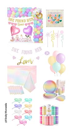 pastel pink and gold birthday party supplies including balloons, streamers, confetti sticks, candy bar wrappers