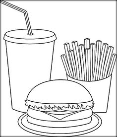 a black and white drawing of a hamburger with fries next to a cup of drink