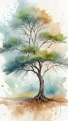 a watercolor painting of a tree with green leaves