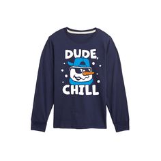 Get in the holiday spirit with this boys' Dude Chill Long Sleeve Graphic Tee. FEATURES Crewneck Long sleevesFABRIC & CARE Solid colors: cotton; Heather colors: cotton, polyester Machine wash Imported Size: X Large. Color: Navy. Gender: male. Age Group: kids. Long Sleeve Graphic Tee, Holiday Spirit, Brand Names, The Holiday, Fabric Care, Solid Colors, Graphic Tee, Age Group, Graphic Tees