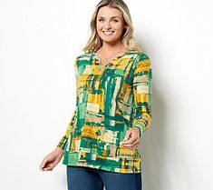 Hello, city chic! We are loving the abstract print on this split-neck top (and the cozy cotton feel, of course!). Pair it with jeans or dress pants, for a look that wows at every occasion. From LOGO by Lori Goldstein®. Hello City, Tiered Tops, Lori Goldstein, We Are Love, City Chic, Abstract Print, Dress Pants, Printed Cotton, Split