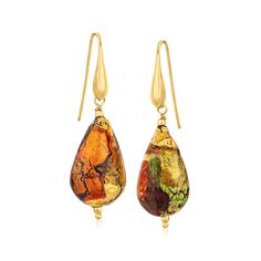 Ross-Simons - Italian Multicolored Murano Glass Drop Earrings in 18kt Gold Over. Artfully handcrafted in Italy, our Murano glass drop earrings feature a palette of earthy neutrals and decadent honey hues in 18kt yellow gold over sterling silver. Hanging length is 1 7/8". Murano glass designs are unique and may vary. Earwire, Murano glass drop earrings. Formal Gold Glass Earrings, Multicolor Teardrop Earrings For Formal Occasions, Gold Teardrop Glass Earrings, Glass Drop Earrings For Formal Occasions, Formal Glass Drop Earrings, Elegant Gold Murano Glass Earrings, Earthy Neutrals, Murano Glass Earrings, Glass Drop Earrings