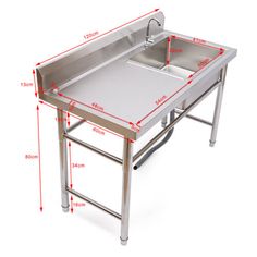 a stainless steel sink with measurements for the top and bottom section, shown on a white background