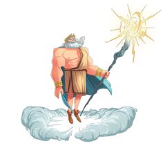 an old man holding a spear and standing on top of some clouds with the sun above him