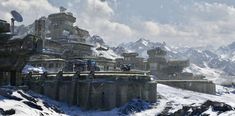 a sci - fi city surrounded by mountains in the snow with people standing on it