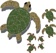 green sea turtle cut out from paper and placed on top of each other with smaller turtles around it