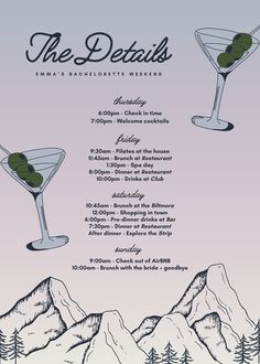 a poster with two martinis and mountains in the background