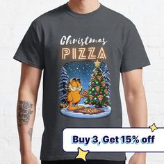 a man wearing a christmas pizza t - shirt with an image of a cat on it